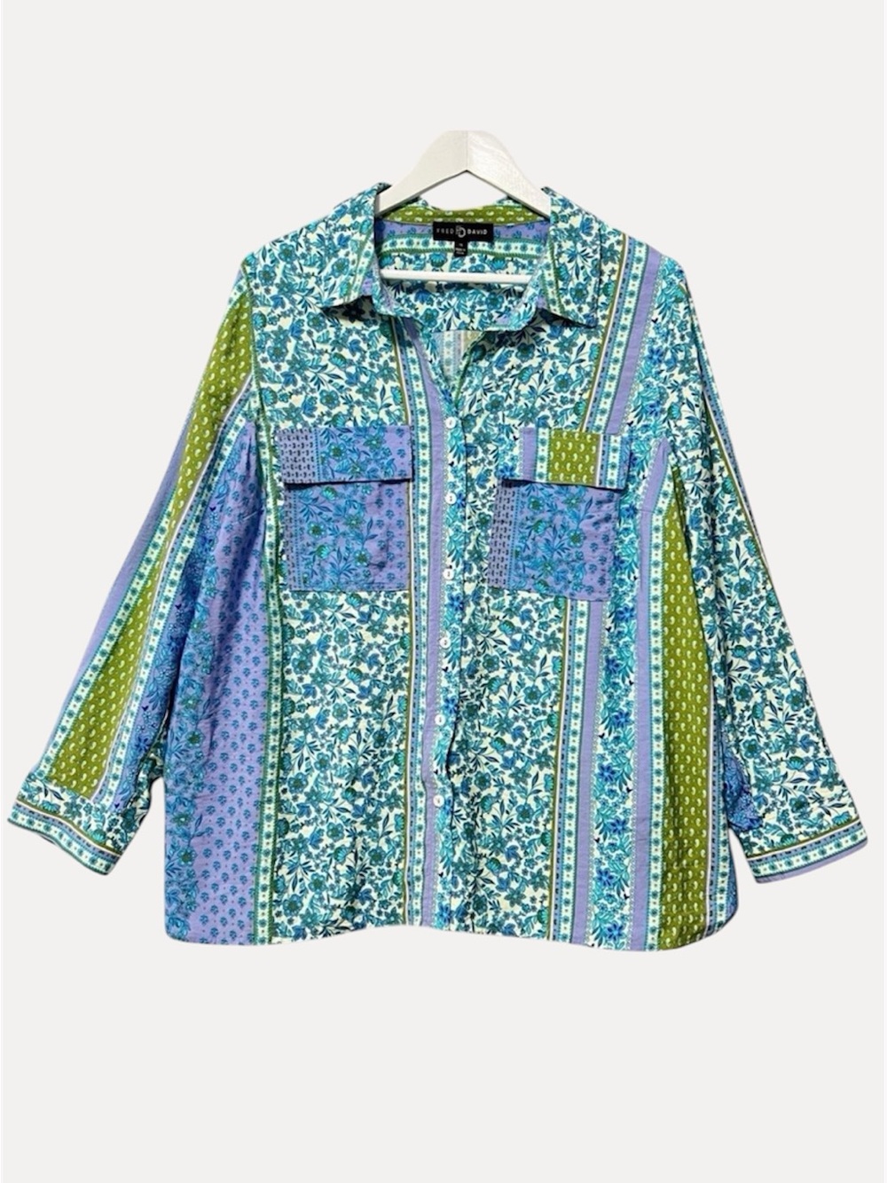 Fred David Paisley Mixed Print Button Up Blouse Size 1X Blue Green Long Sleeve